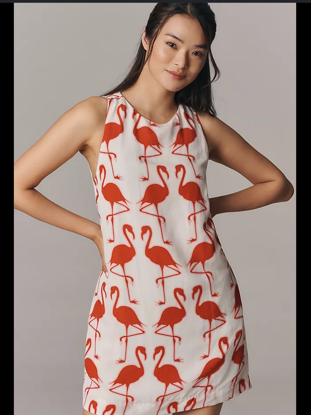 Maeve White Linen blend Mini Dress with Red Flamingo Print